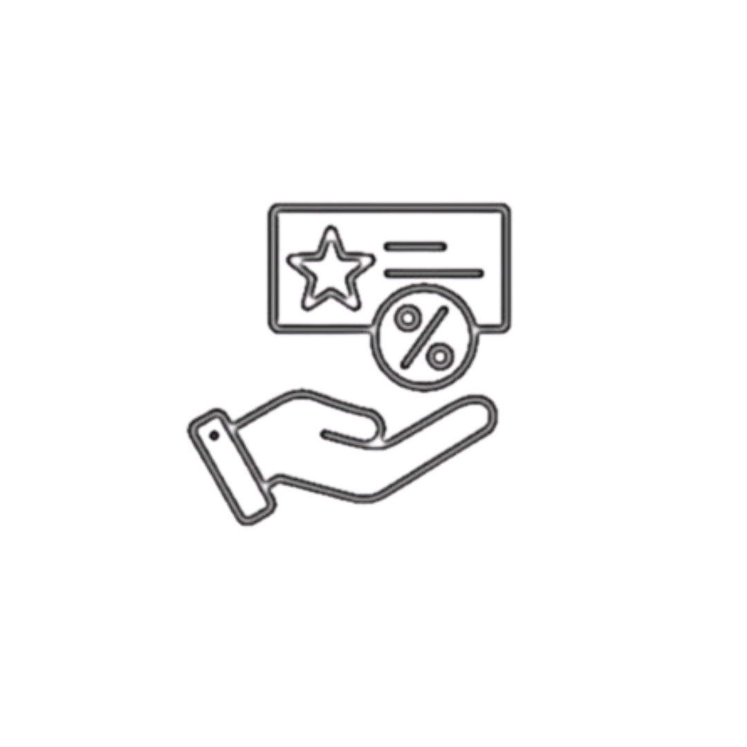 Icon of a hand holding a card with a star and percentage symbol, on a white background.