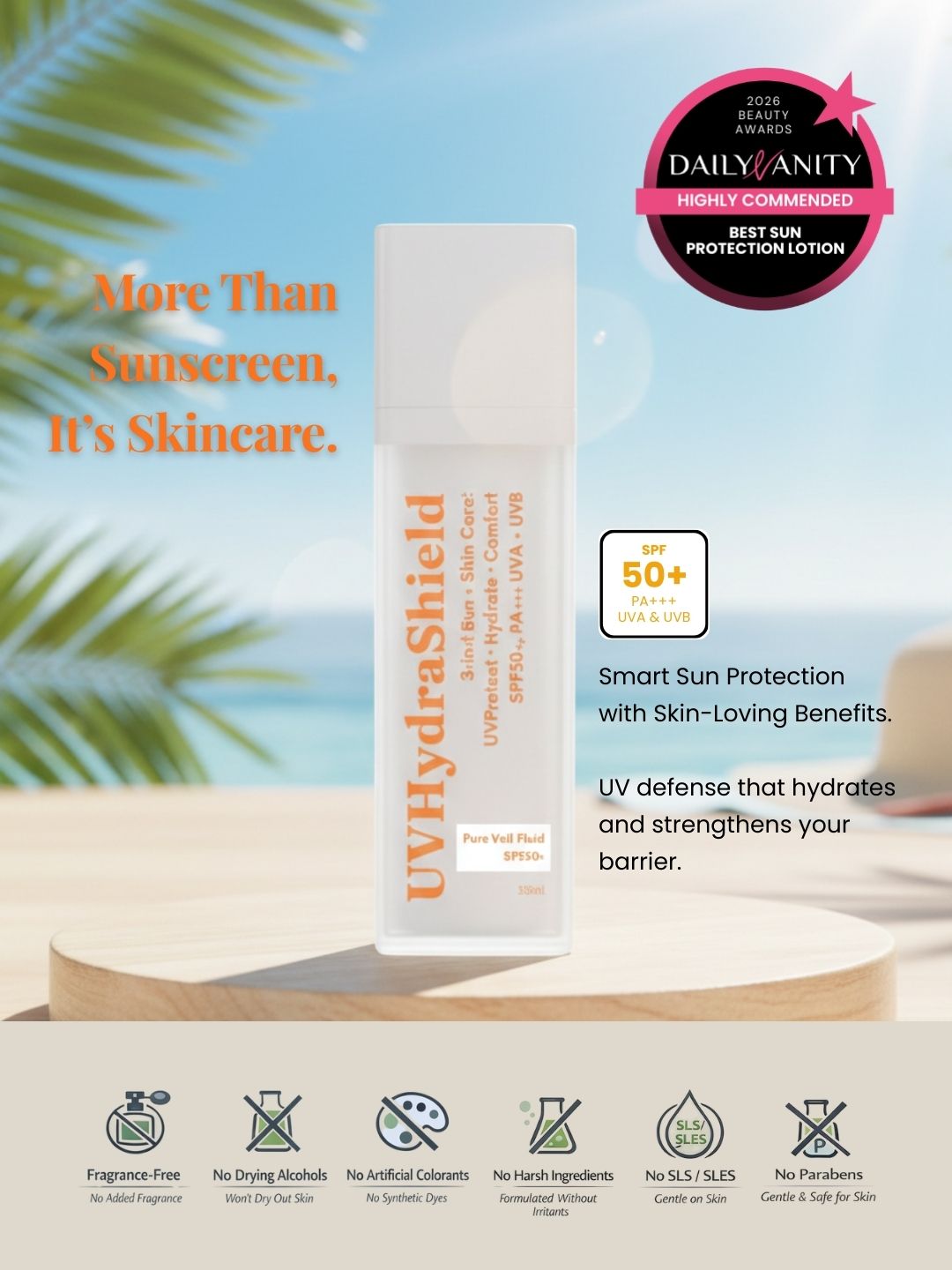 UVHydraShield sunscreen bottle with beach background and Daily Vanity award badge.