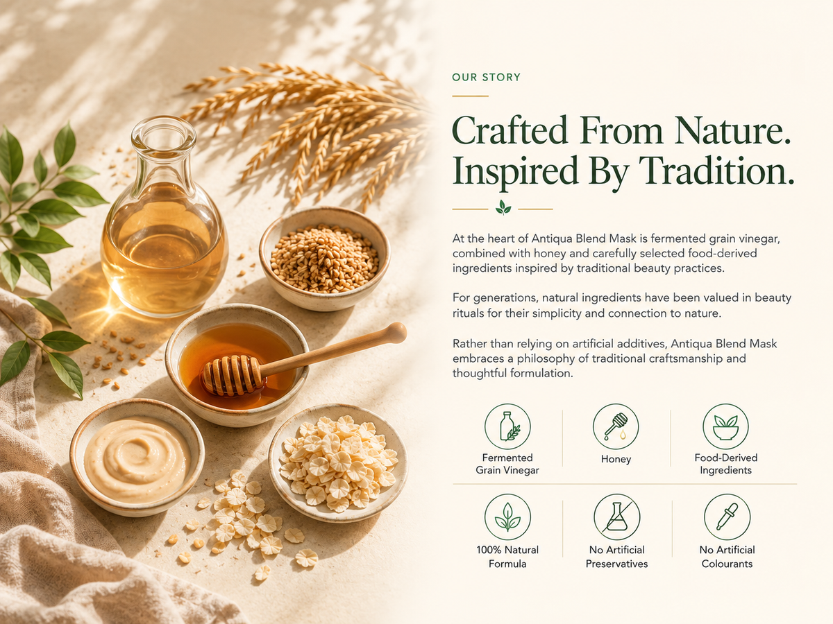 Ling's Lab Antiqua Blend Mask story featuring fermented grain vinegar, honey and food-derived ingredients inspired by traditional beauty rituals.