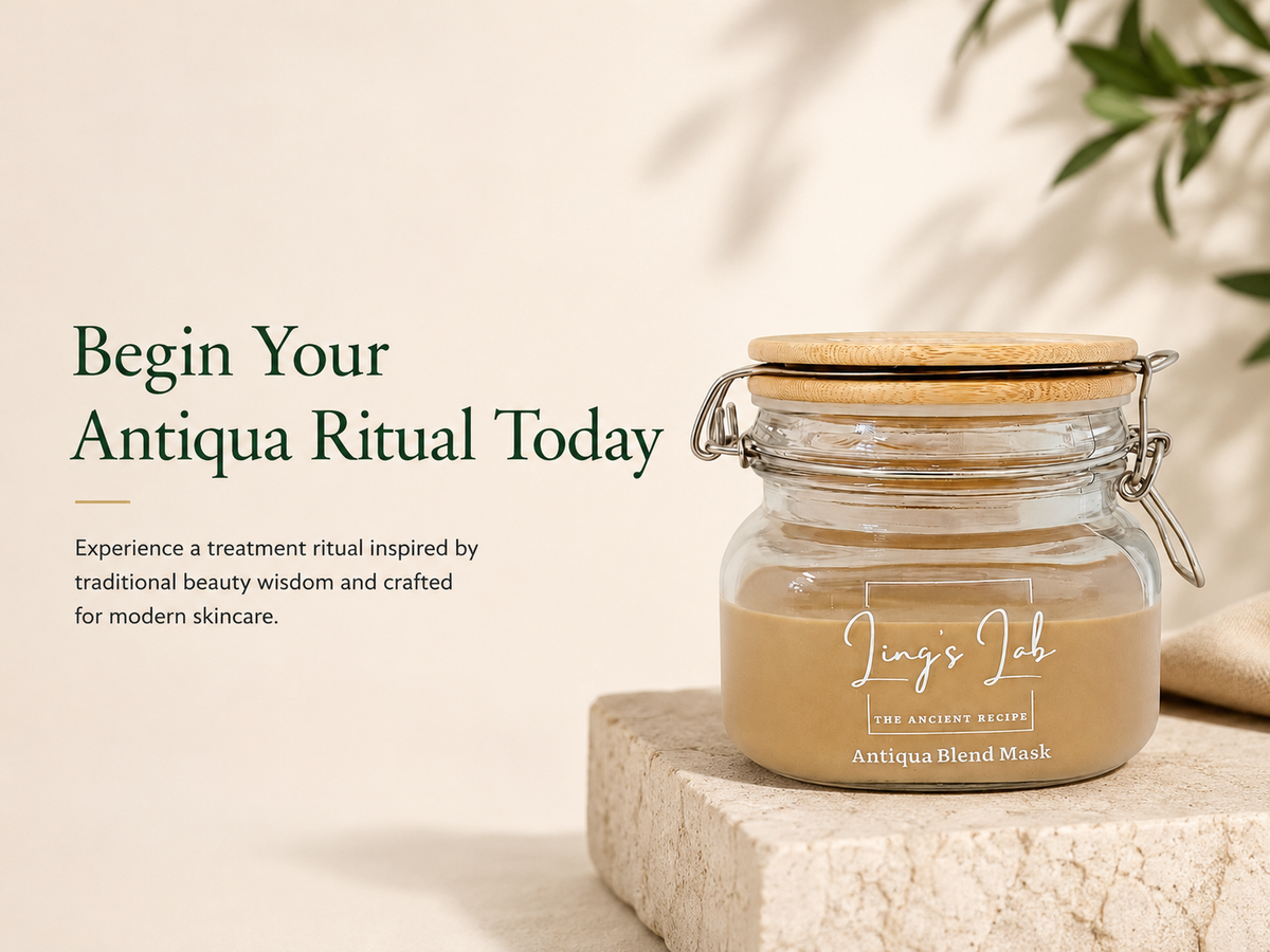 Ling's Lab Antiqua Blend Mask in a glass jar with bamboo lid, presented in a natural spa-inspired setting.