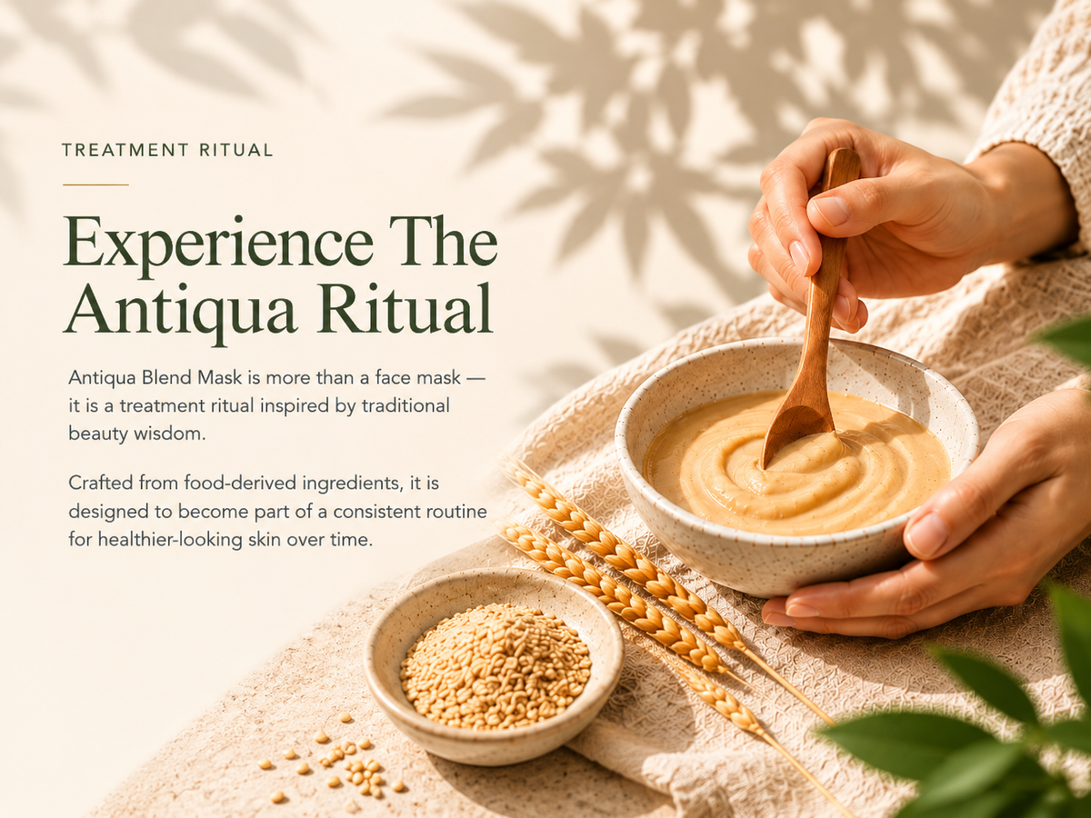 Hands mixing Ling's Lab Antiqua Blend Mask in a ceramic bowl, illustrating a traditional skincare treatment ritual using food-derived ingredients.