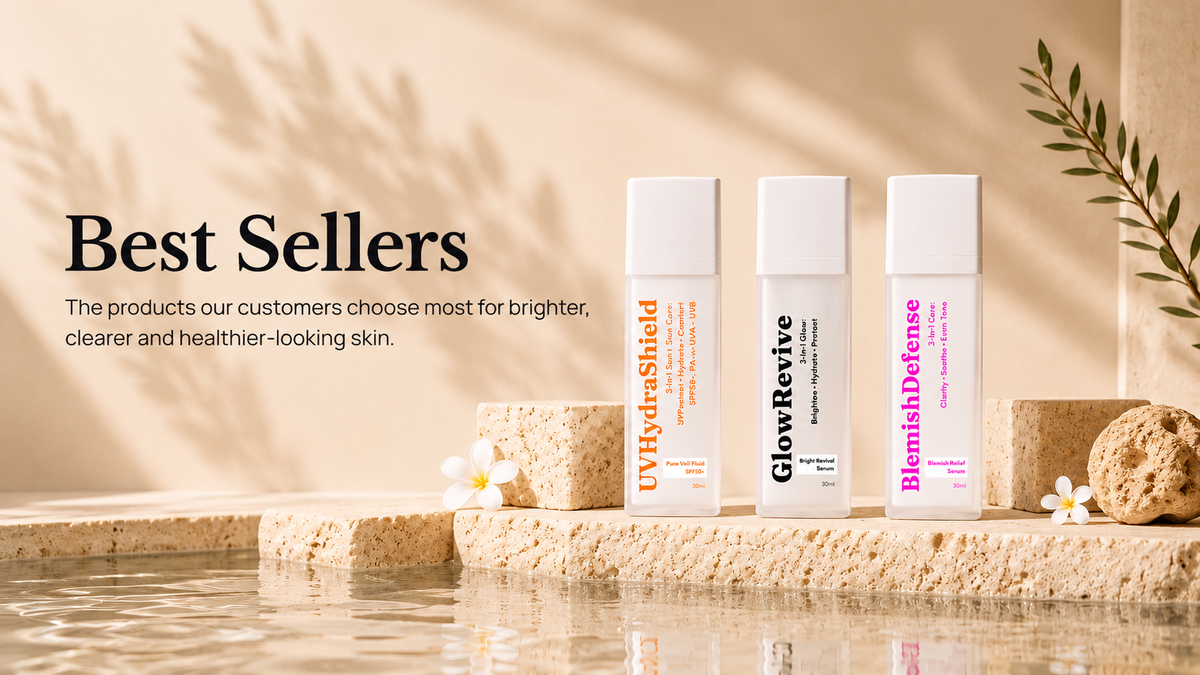 Ling's Lab best-selling skincare in Singapore featuring Pure Veil Fluid SPF50+ sunscreen, Bright Revival Serum and Blemish Relief Serum for brighter, clearer and healthier-looking skin.