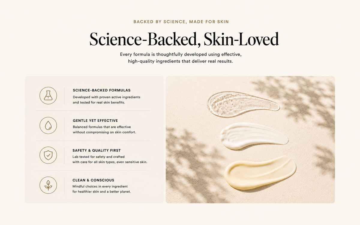 Science-backed skincare by Ling’s Lab highlighting gentle yet effective formulas, safety and quality, and thoughtfully selected ingredients.